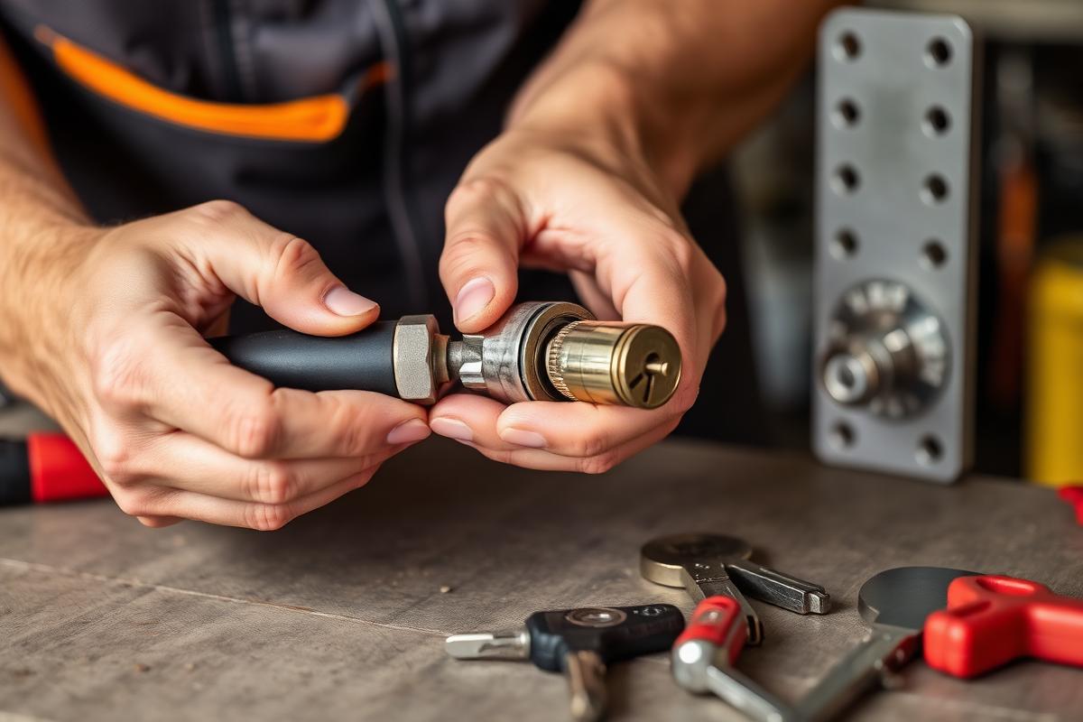Locksmith rekeying a lock cylinder on a workbench