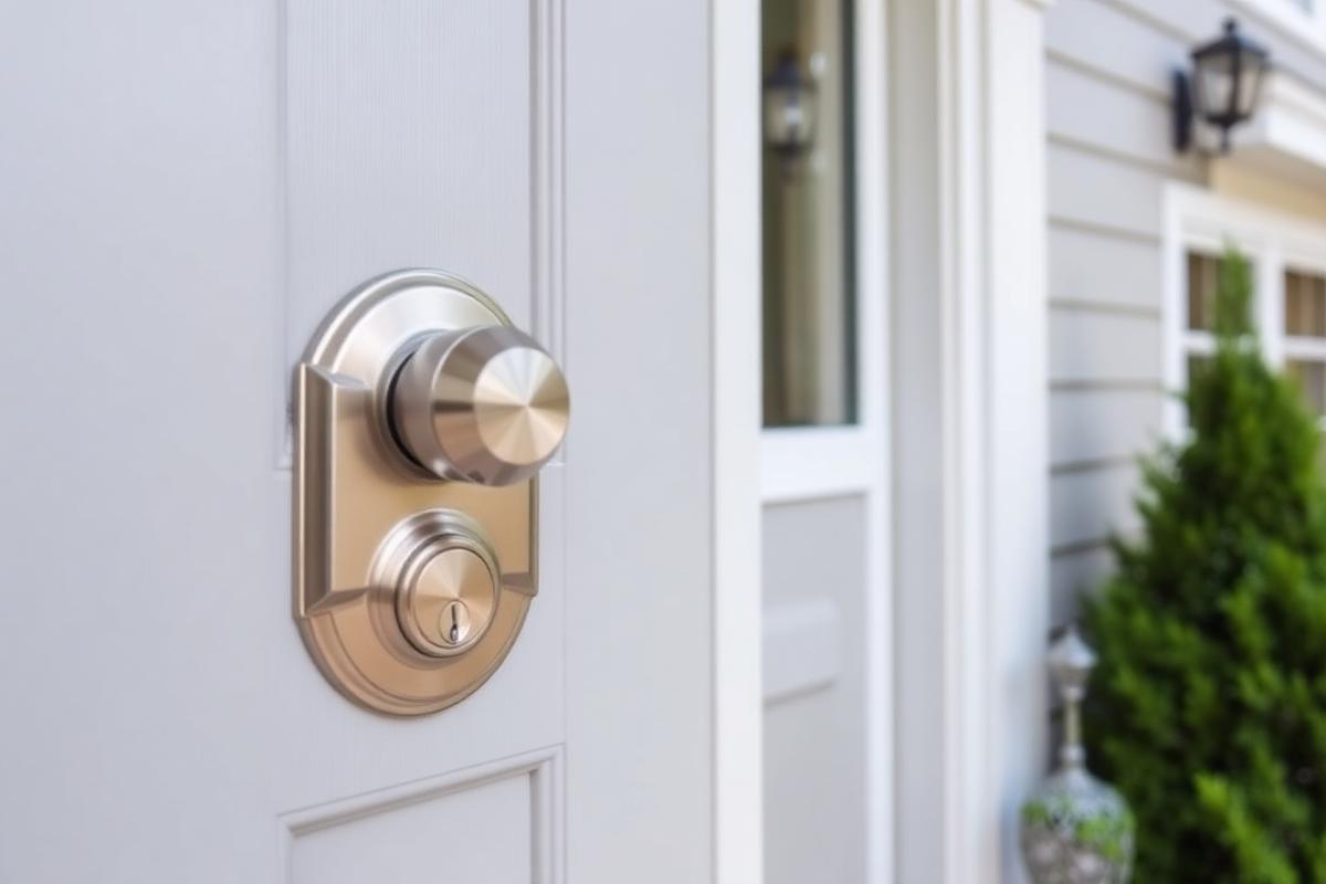 Newly installed deadbolt on a suburban front door