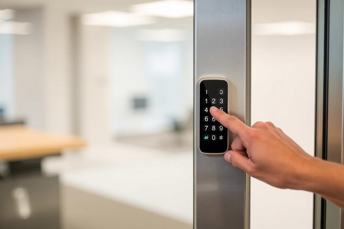 Smart keypad lock on a commercial glass door