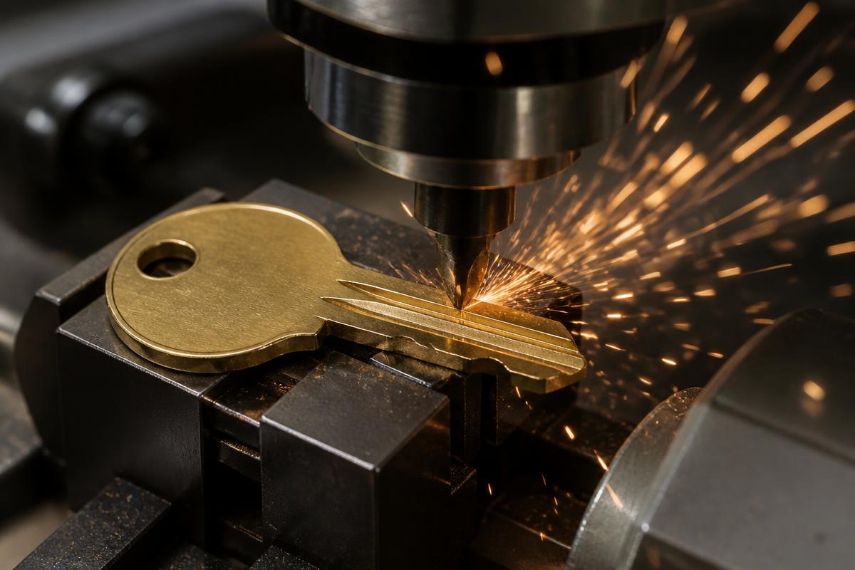 Brass key being cut on a key duplication machine